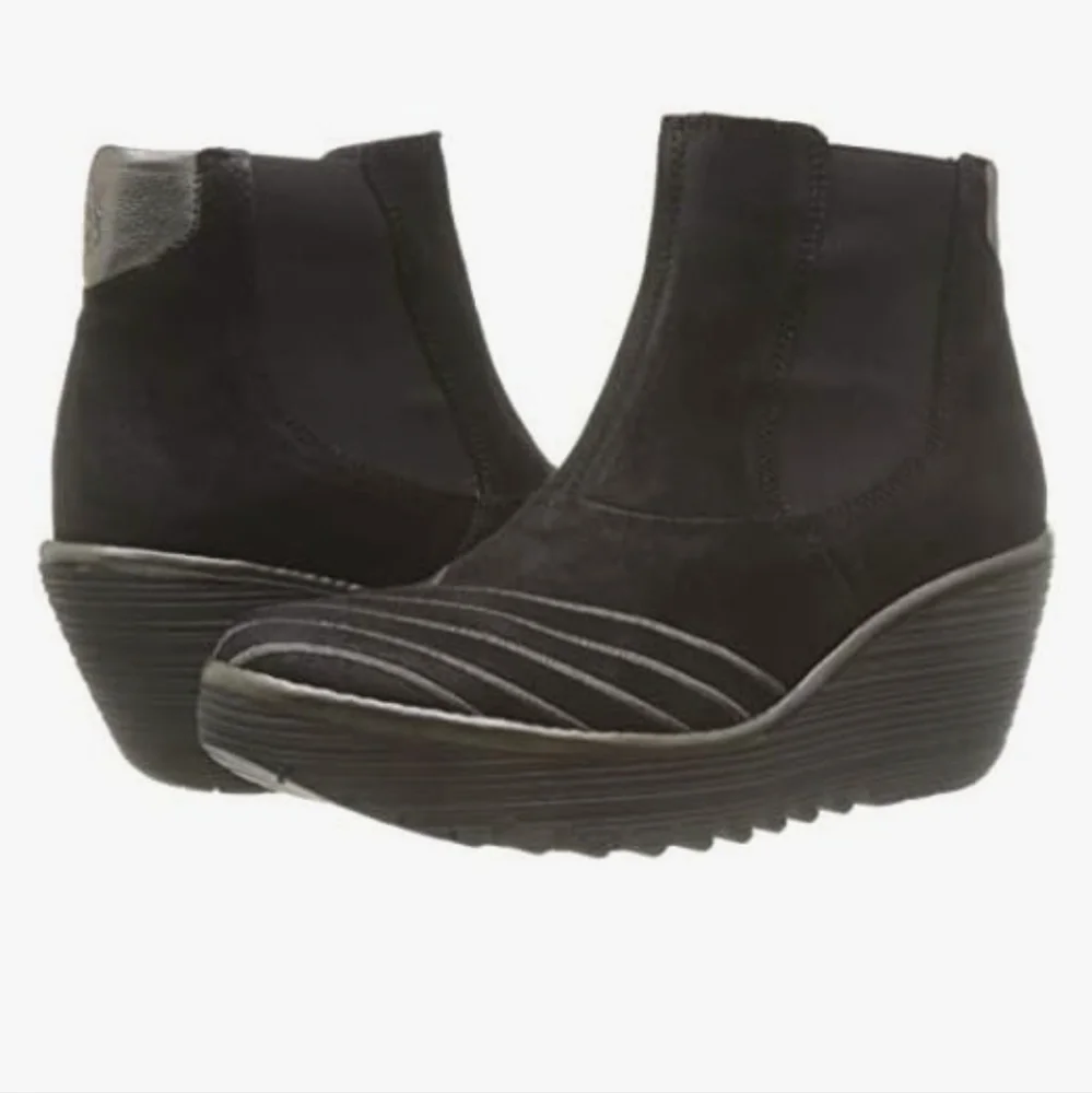 Fly London Yave Black Suede Leather Wedge Chelsea Ankle Boots